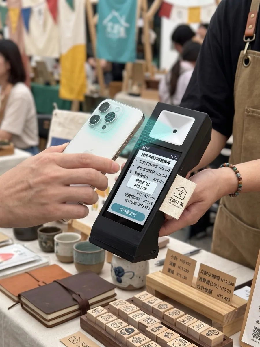A shopper paying by holding a phone to a payment terminal at a Taiwan creative market stall